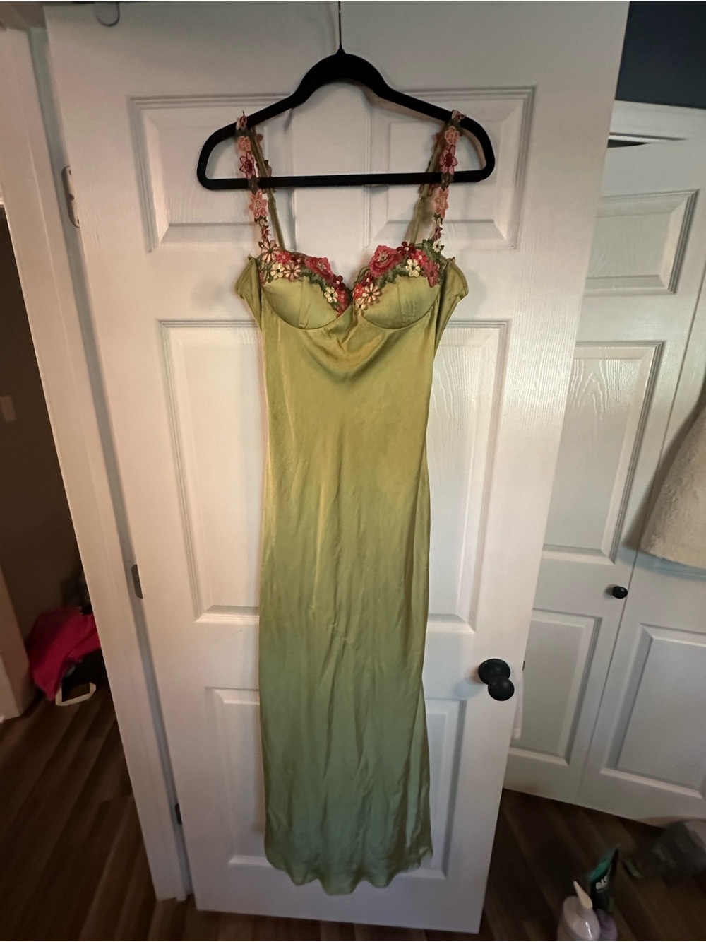 Hello Molly French Countryside Satin Maxi Dress with Floral Trim - Picture 3 of 5